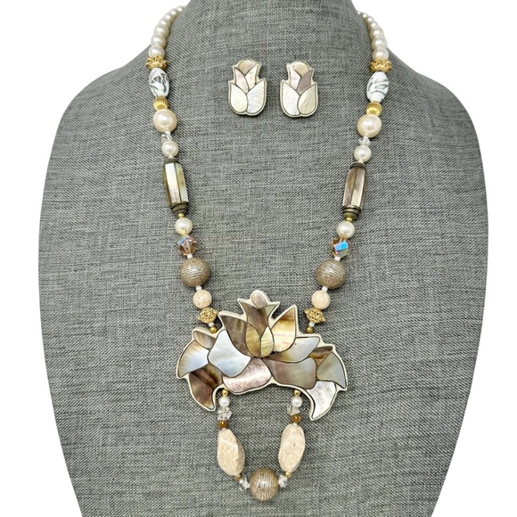 Vintage Lee Sands Lotus Flower & Mother of Pearl Necklace Earrings Set - Picture 1 of 6